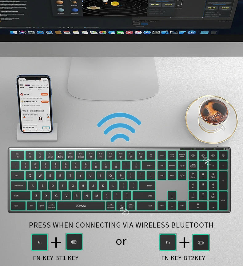 Backlight Bluetooth Keyboard Multi-Device Full Size Wireless Keyboard with Number Pad, Rechargeable Slim Multimedia Keyboard