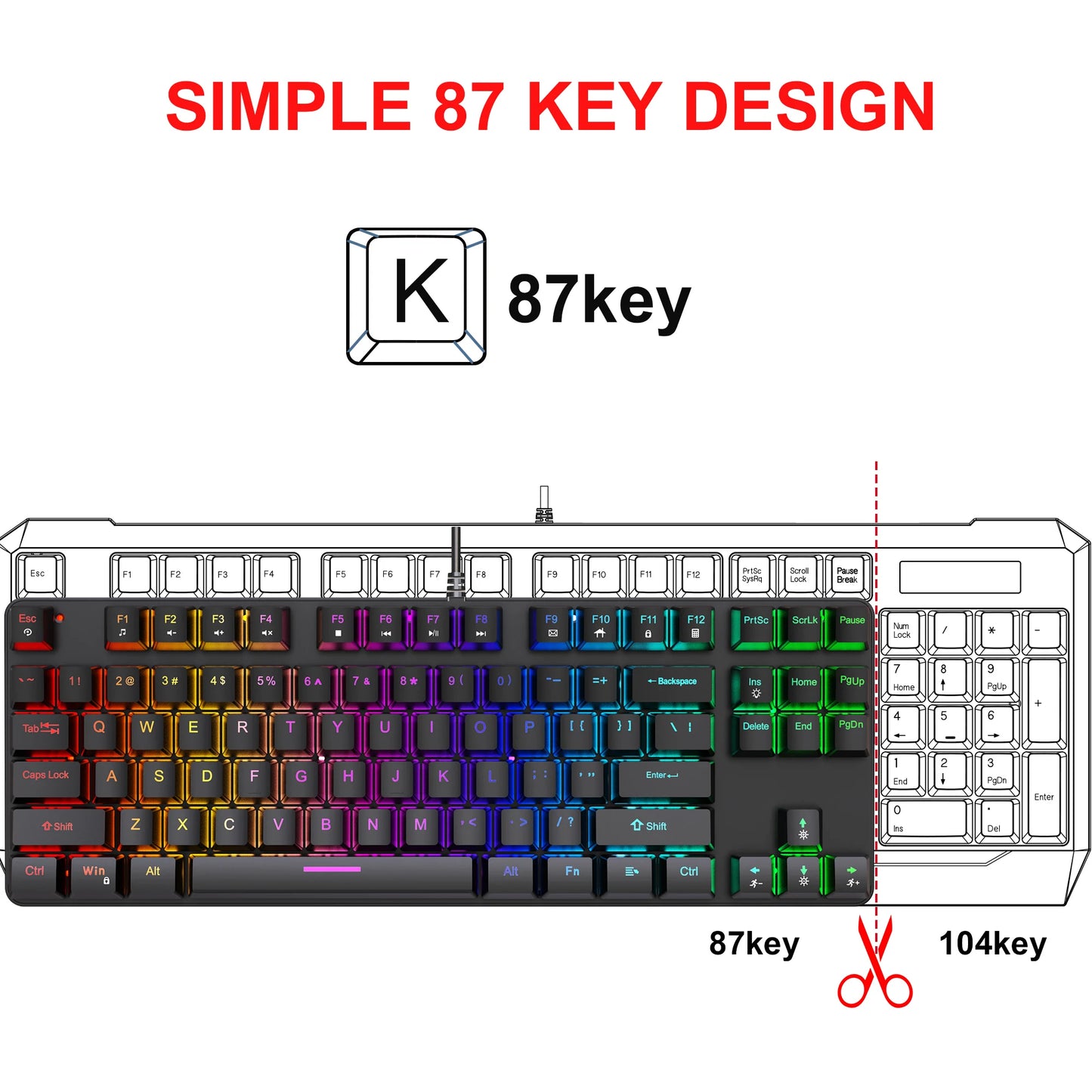 Computer Keyboard Waterproof Portable Gaming Keyboard Backlit Ergonomics Colorful Keyboard Computer Accessories 87 Keys USB