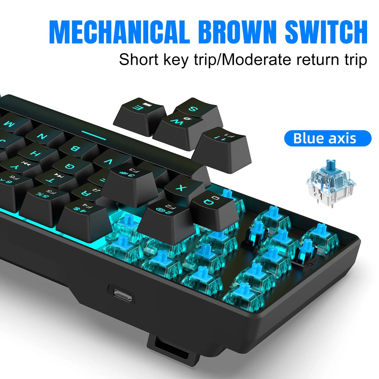 Teclado mecânico gaming 60% USB com teclas brancas, mini teclado gamer ergonómico para computador, retroiluminado, música, teclado para PC