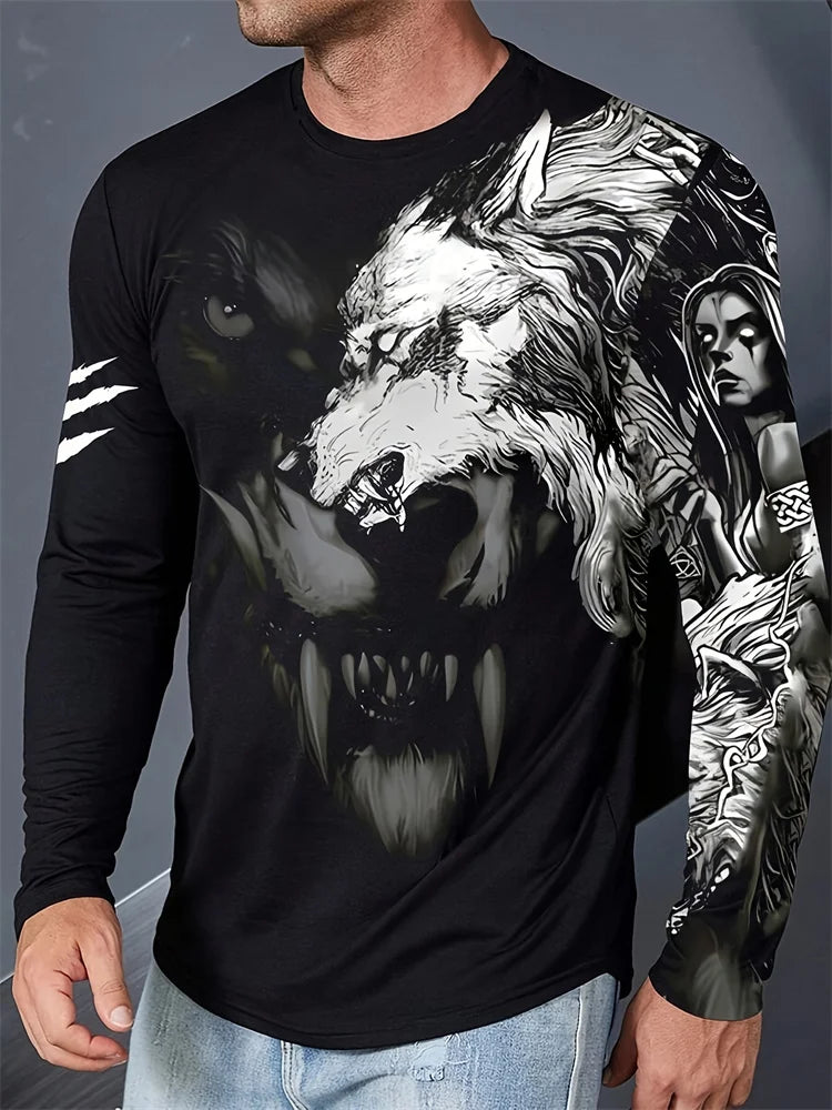 2024 New Wolf Print Men's Long Sleeve T-shirt Spring And Autumn Men's Daily Casual Shirt Street Fashion Men's Long Sleeve T-shir