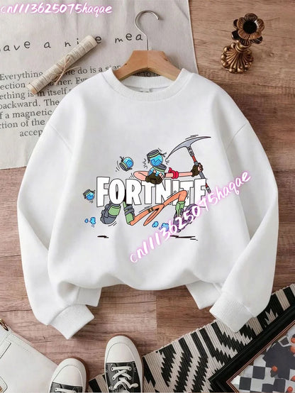 Sweat-shirts Fortnite novos para criança, hoodie com estampado de personagem de jogo em estilo cartoon, camisolas casuais de outono para criança, roupa de inverno para bebé menino