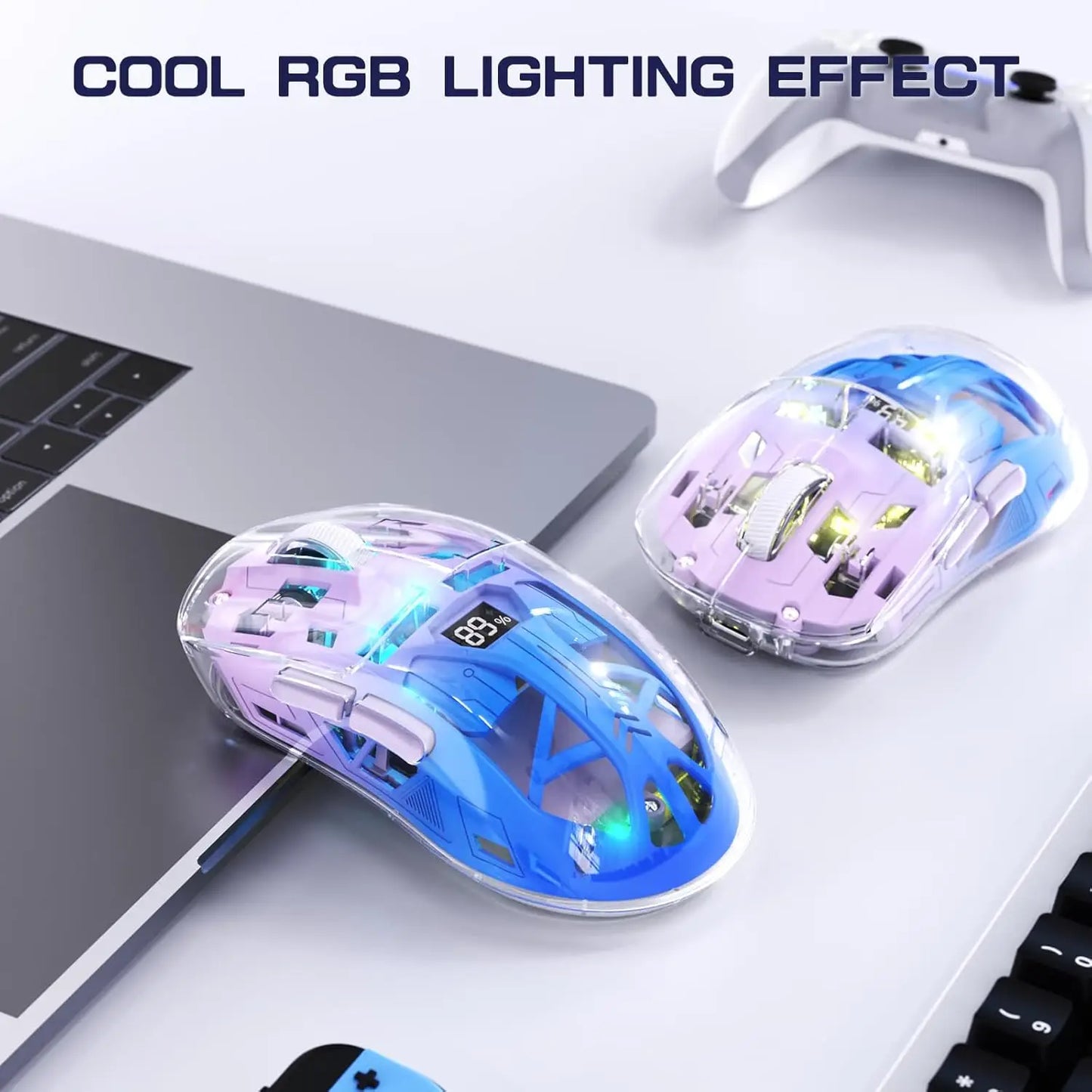 A2 transparente kabellose Gaming-Maus, BT 5.0/2.4G, wiederaufladbare RGB-Maus für PC mit digitalem Display, PixArt 3212, 5 einstellbare DPI