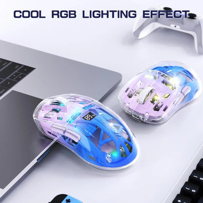 A2 transparente kabellose Gaming-Maus, BT 5.0/2.4G, wiederaufladbare RGB-Maus für PC mit digitalem Display, PixArt 3212, 5 einstellbare DPI