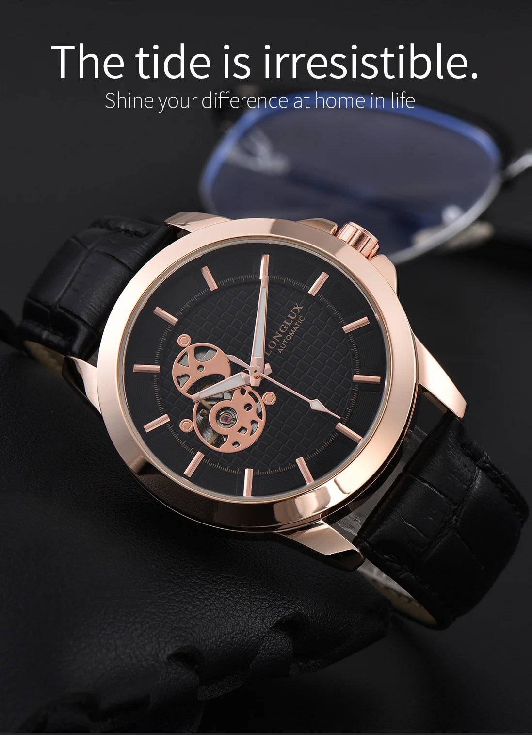 Automatic Watch Minimalist Elegant Everyday Skeleton Waterproof Mechanical Watches Rose Gold Leather Mens Watch Men Gift for Him
