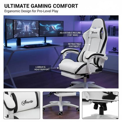 Leather Gaming Chair 135° Reclining with Retractable360° Swivel Height Ergonomic White Contrast Edge Office Chair 120KG Capacity