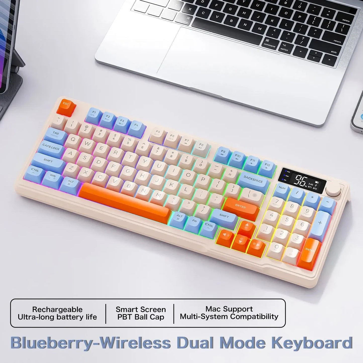 FreeWolf M96 Wireless Keyboard with Screen, Gaming Keyboard Bluetooth Dual-Mode Connection, Multi-Device Linking, Ergonomic