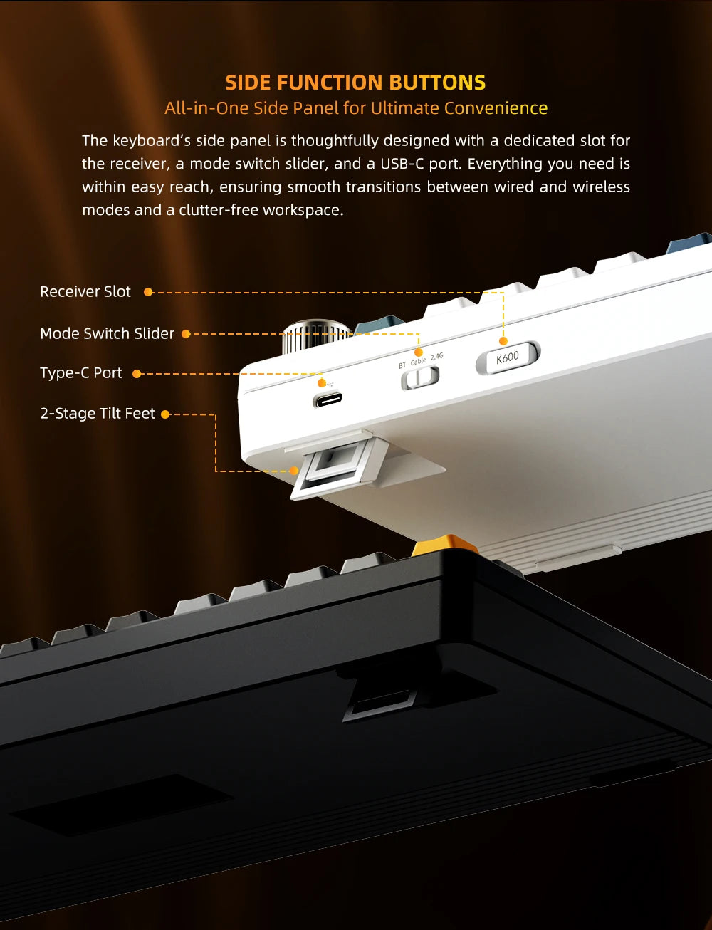 Teclado Mecânico Gaming Sem Fios Machenike K600-B82W Trimodo, Montagem Gasket, Layout ANSI 75% e Retroiluminação RGB