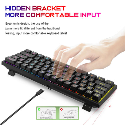 Teclado Gaming com Fio de 104 Teclas com Sensação Mecânica para Portátil e PC, Ergonómico, Retroiluminado RGB, 61 Teclas, Switches Cyan e Keycaps