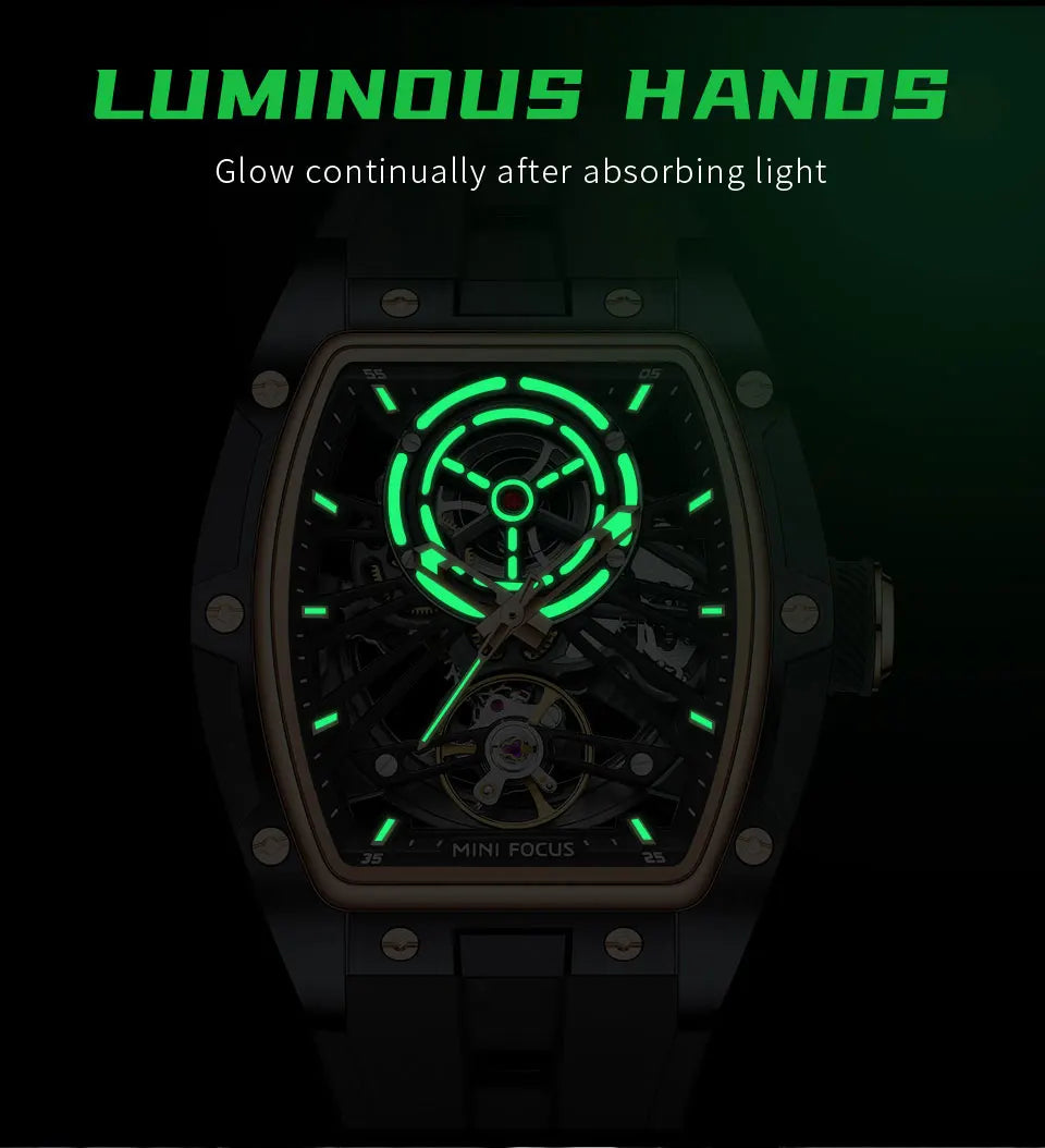 MINI FOCUS Herren-Armbanduhr, modisch, schwarz, wasserdicht, automatische mechanische Uhr mit Leuchtzeigern, Silikonarmband und Tonneau-Zifferblatt
