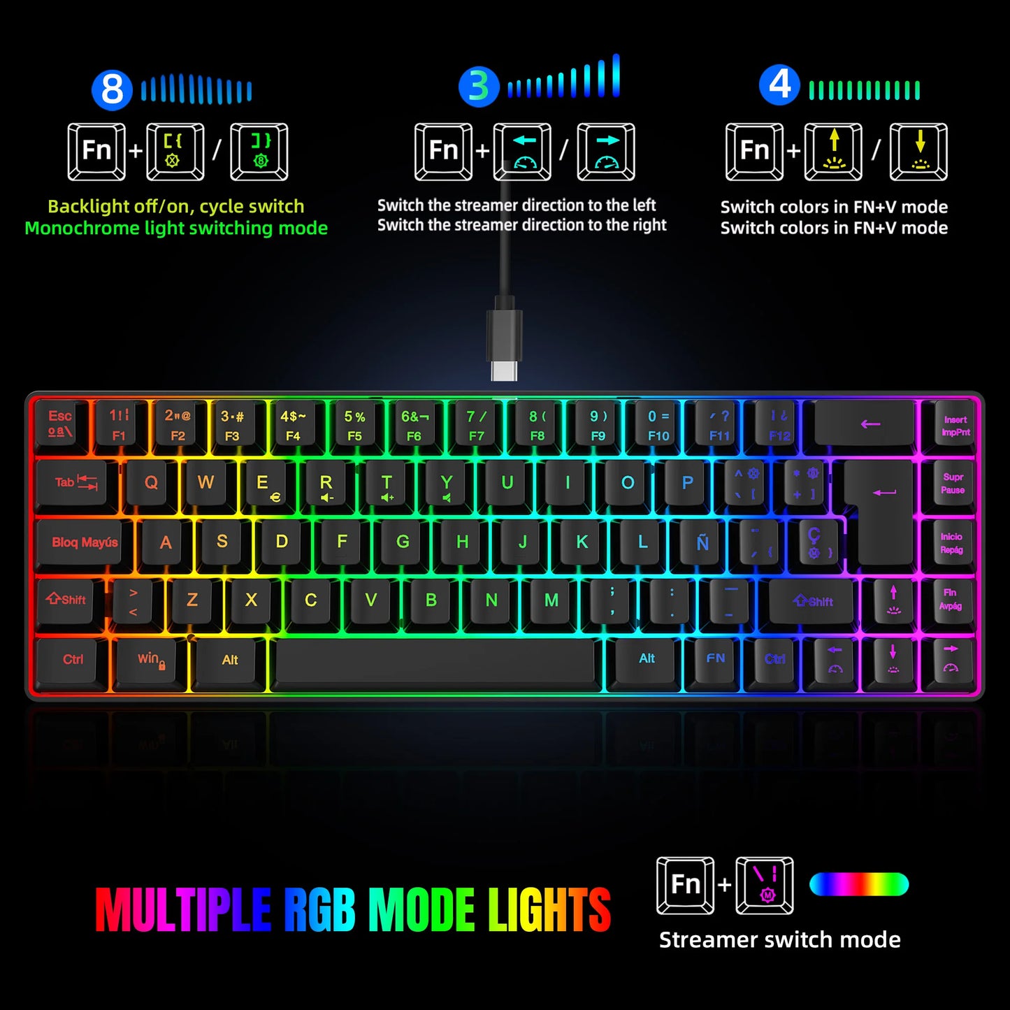 Hot Sale! Spanische kabelgebundene Gaming-Tastatur mit 69 Tasten und RGB-Hintergrundbeleuchtung, kompaktes 68%-Design, ein unverzichtbares Gadget für Büroangestellte und Gamer
