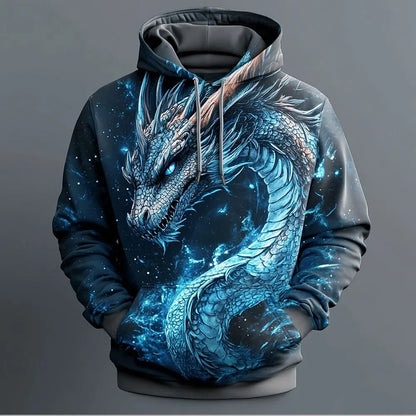 Felpe con cappuccio da uomo con motivo drago rétro, stampa 3D, design creativo, maniche lunghe, pullover casual alla moda, cool, oversize e traspirante