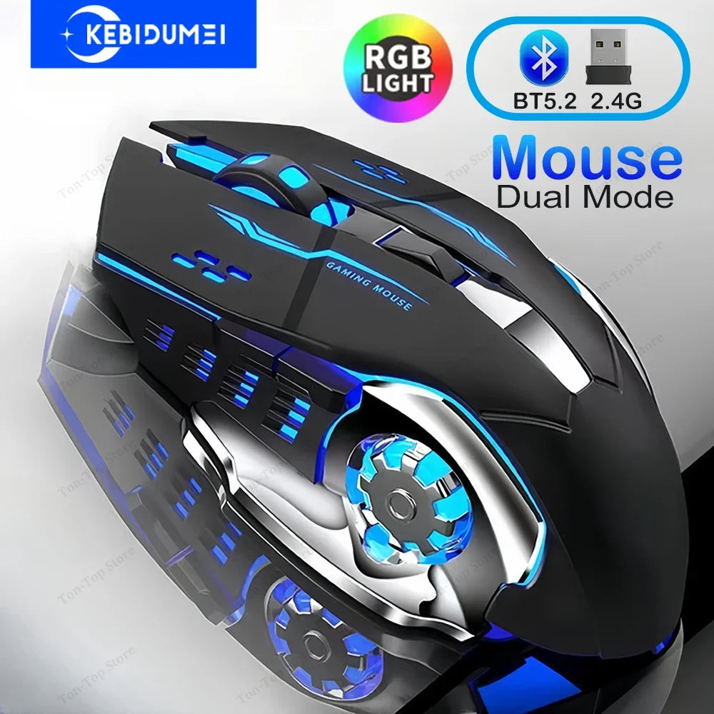 Mouse KEBIDUMEI cu Bluetooth 5.2 dual-mode, mouse wireless 2.4G, mouse de gaming RGB reîncărcabil, silențios, 3600 DPI, pentru laptop