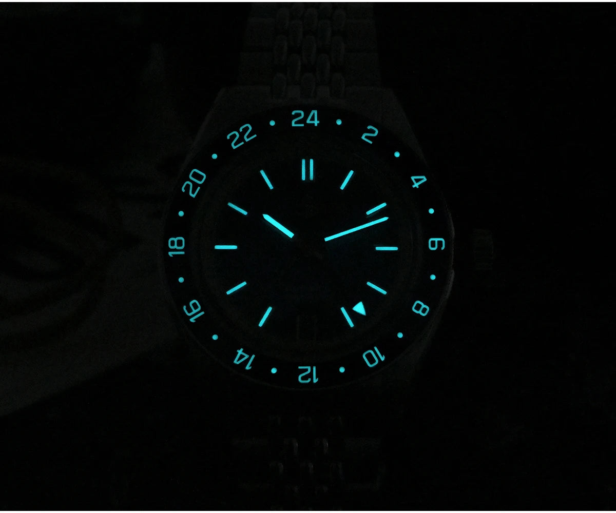 Orologio da uomo automatico San Martin 39.5mm Limited Edition con quadrante Full Lume, NH34 GMT, data a ore 6, 10Bar, Kol Saati di lusso SN0116W