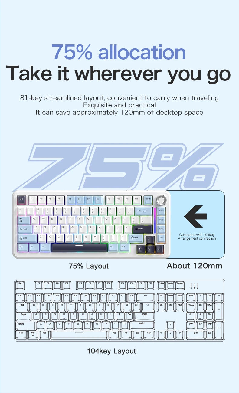 F75 Mechanical Keyboard FREEWOLF * AULA F75 Bluetooth Three-mode Keyboard, Dedicated for Gaming and Office Use