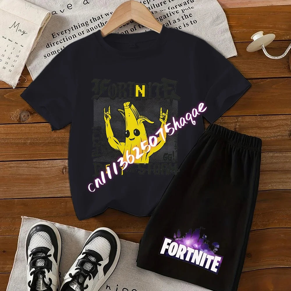 Conjunto de T-shirt e calções Fortnite Series para criança, top e calças inspirados em jogo popular, outfit de verão para casa, confortável e adorável, presente de aniversário