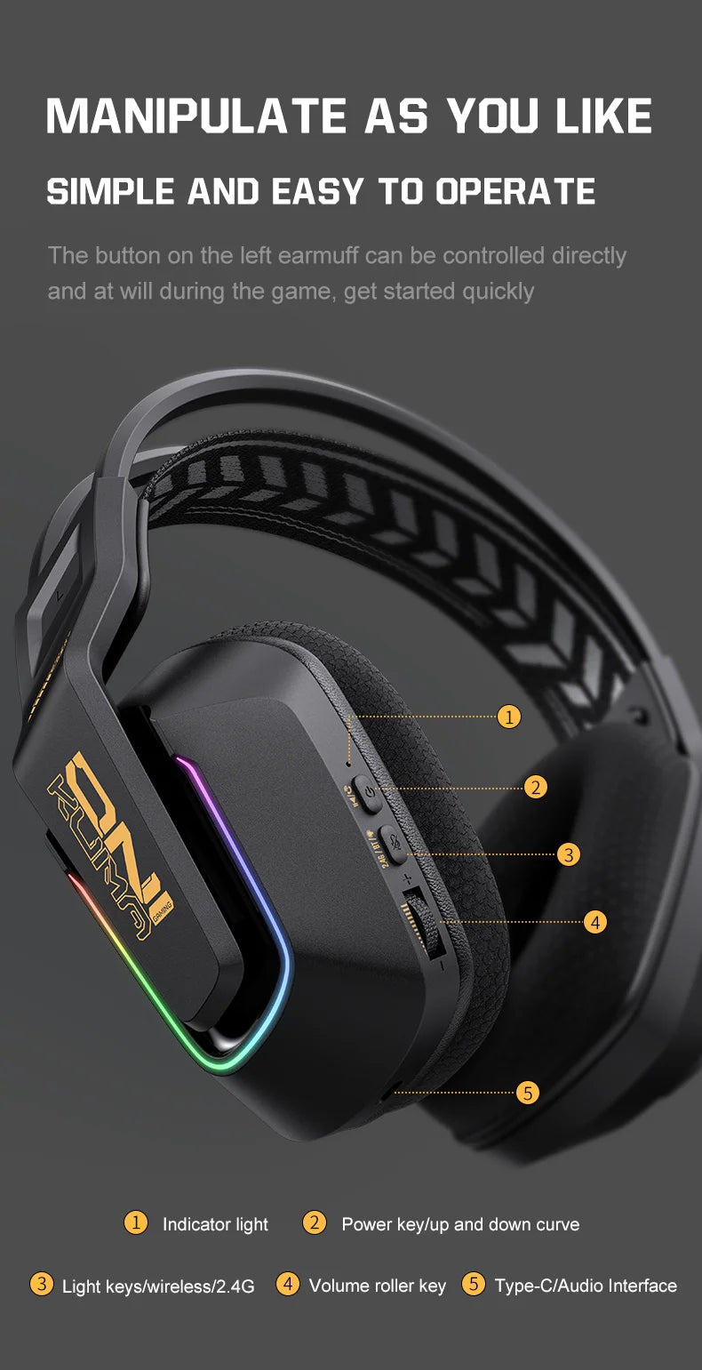 Cuffie da gaming wireless ONIKUMA GT828 Bluetooth 5.3 RGB con microfono, cancellazione del rumore e connessione a 4 modalità per PC, PS5 e laptop