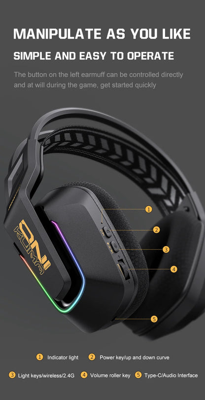 Cuffie da gaming wireless ONIKUMA GT828 Bluetooth 5.3 RGB con microfono, cancellazione del rumore e connessione a 4 modalità per PC, PS5 e laptop