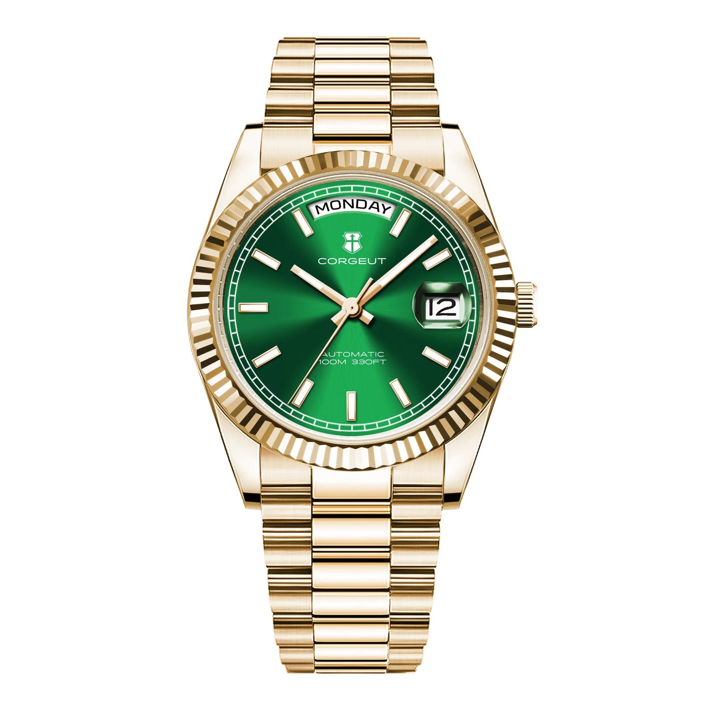 Orologio meccanico da uomo CORGEUT NH36 con indicazione di giorno e data, bracciale President, cassa in acciaio, lunetta arcuata filettata, impermeabile