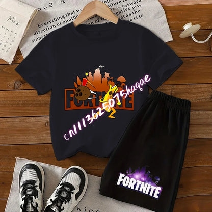Conjunto de T-shirt e calções Fortnite Series para criança, top e calças inspirados em jogo popular, outfit de verão para casa, confortável e adorável, presente de aniversário