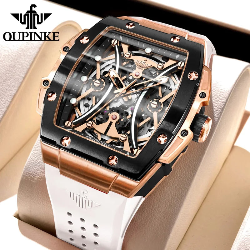 Relógio masculino OUPINKE clássico de luxo com mostrador tonneau, marca de topo, original, automático mecânico, bracelete em silicone e vidro de safira, novo