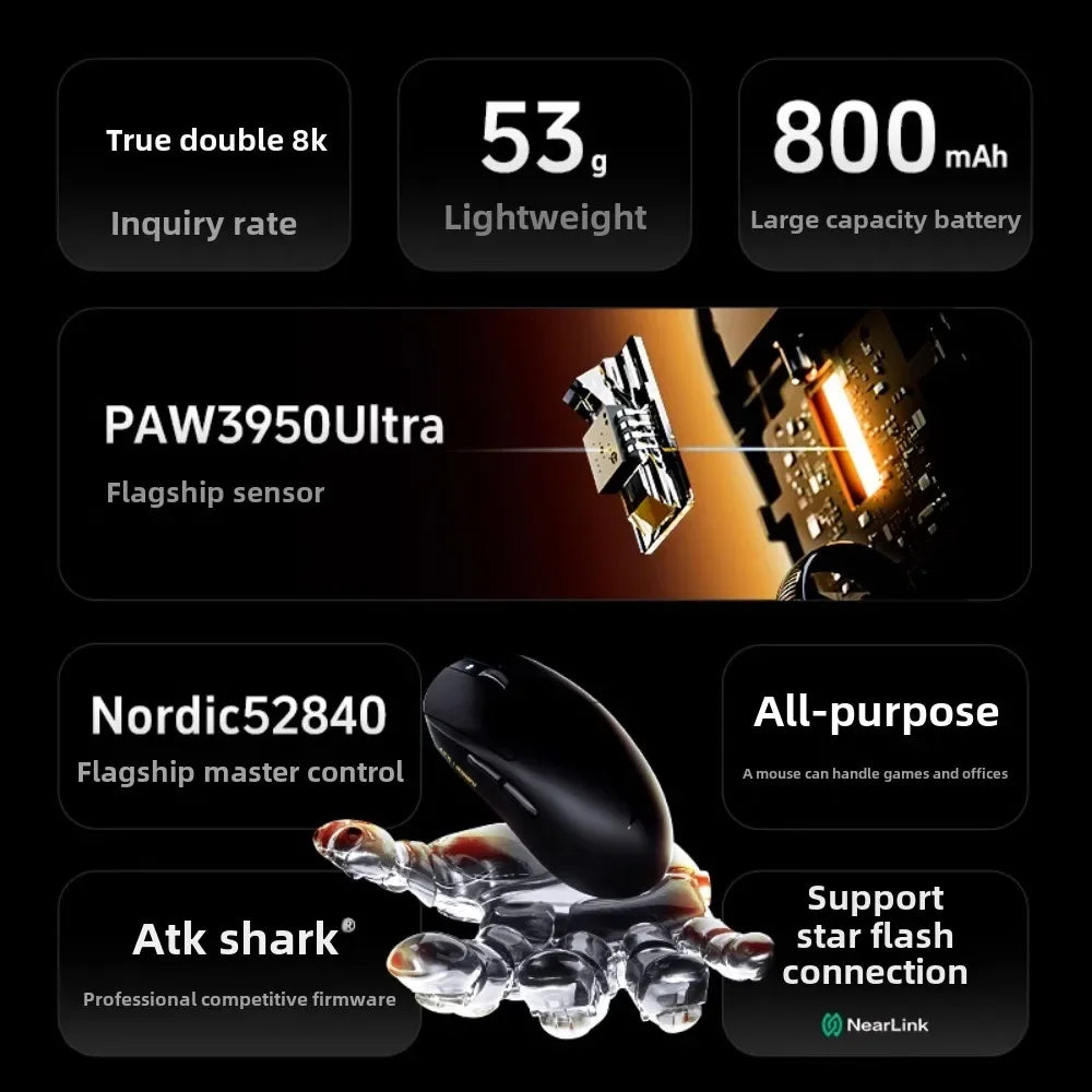 Rato Gaming Bluetooth Sem Fios ATK Dragonfly A9, Design Ergonómico, Resposta Rápida, PAW3950 Ultra, 800mAh, Leve, 8KHz, eSports