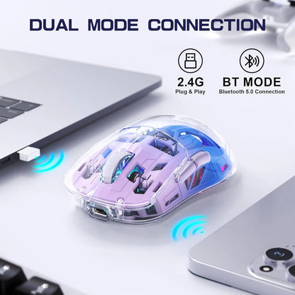 A2 transparente kabellose Gaming-Maus, BT 5.0/2.4G, wiederaufladbare RGB-Maus für PC mit digitalem Display, PixArt 3212, 5 einstellbare DPI