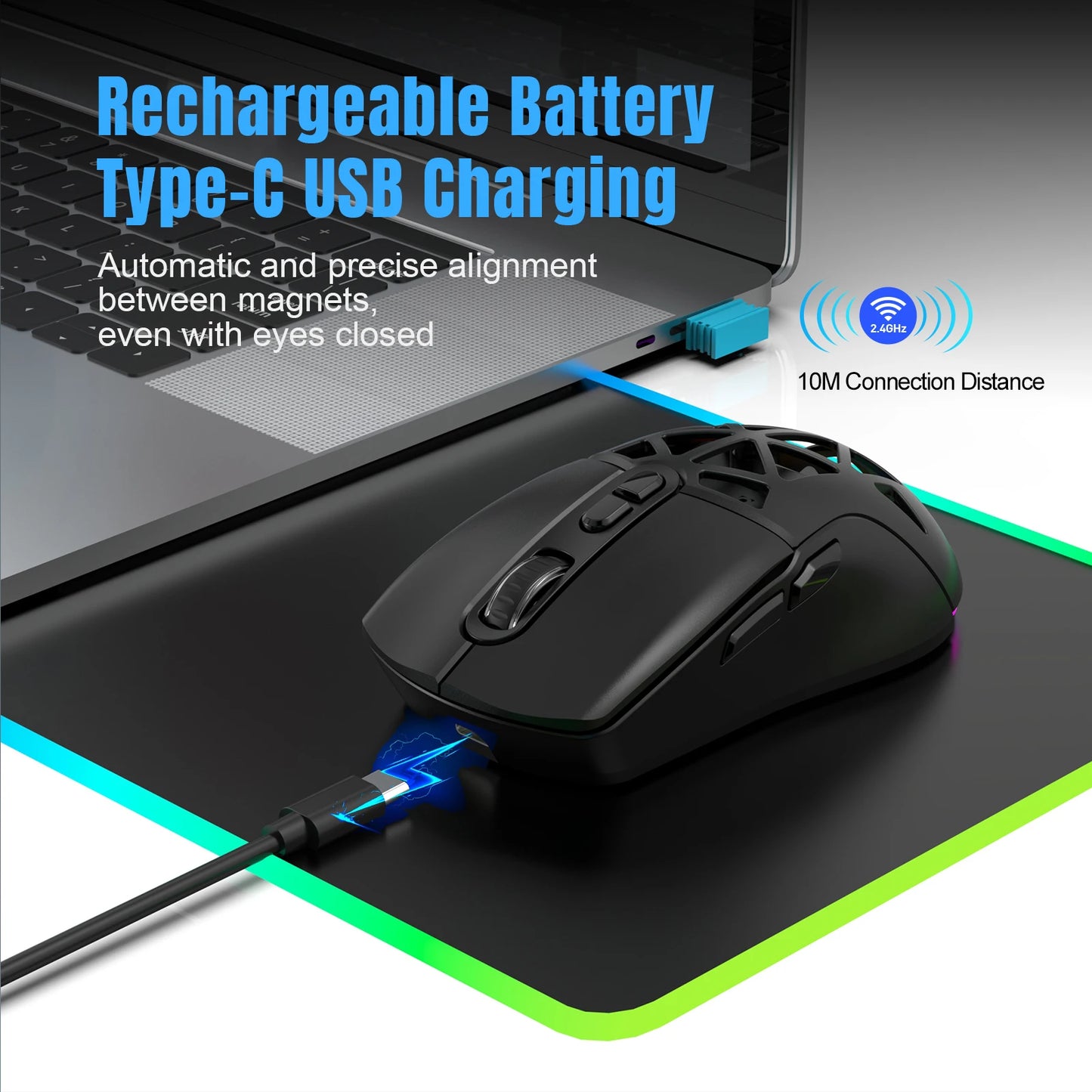 HXSJ T26 kétmódú gaming egér, 2.4G+BT5.1 vezeték nélküli gamer egér laptophoz, 4800DPI állítható, ergonomikus optikai számítógépes gamer egér