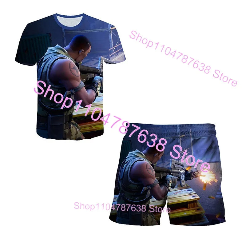 2PCS Suits F-Fortnited Victory 3D T-shirt Shorts Kids Tops Girls Boys Battle Royale Clothes Harajuku Tees Hero Children T Shirt