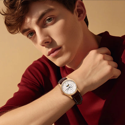 BERNY Men's Watch Date Weeks Moon Phase Quartz Watches for Men Stainless Steel Leather Strap Business Wristwatch Male Clock