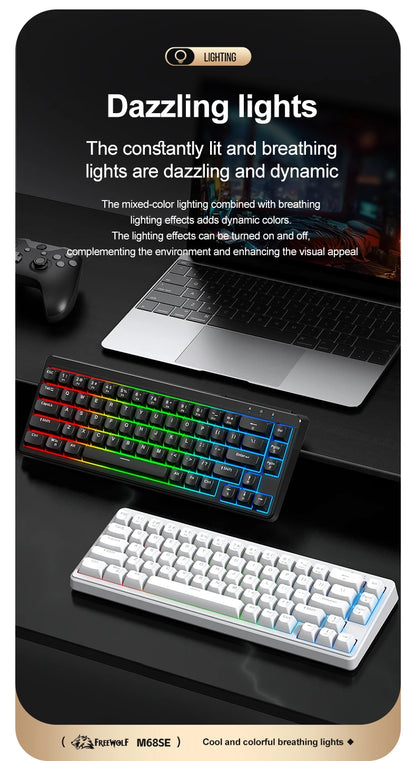 Teclado FREEWOLF M68SE com sensação mecânica, 68 teclas, mini teclado compacto com fios, silencioso, para portáteis, gaming e utilização em escritório
