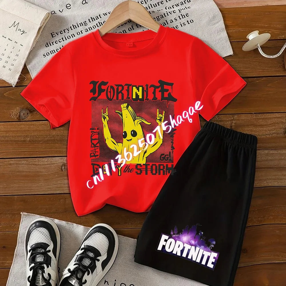 Conjunto de T-shirt e calções Fortnite Series para criança, top e calças inspirados em jogo popular, outfit de verão para casa, confortável e adorável, presente de aniversário