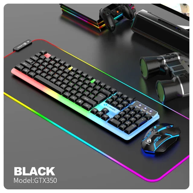 NG GTX350 Combo de teclado y ratón gaming para ordenador y portátil, kit gamer con retroiluminación LED, teclado USB con cable GTX350 Set-Negro