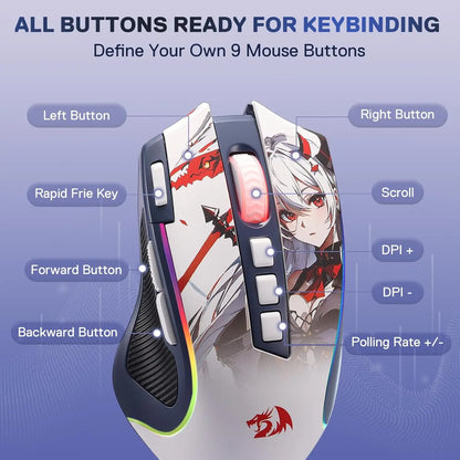 Redragon M612AK PRO RGB Gaming Mouse 8000 DPI Wired/Wireless Optical Mouse 9 Programmable Buttons 7 Backlit Modes