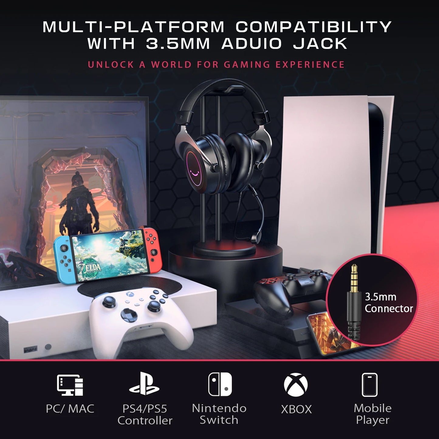 FIFINE Gaming Headset with Stereo Sound/Detachable MIC/RGB/Line Control, Over-Ear Headphone for PC PS4 PS5 Xbox -AMPLIGAME H3