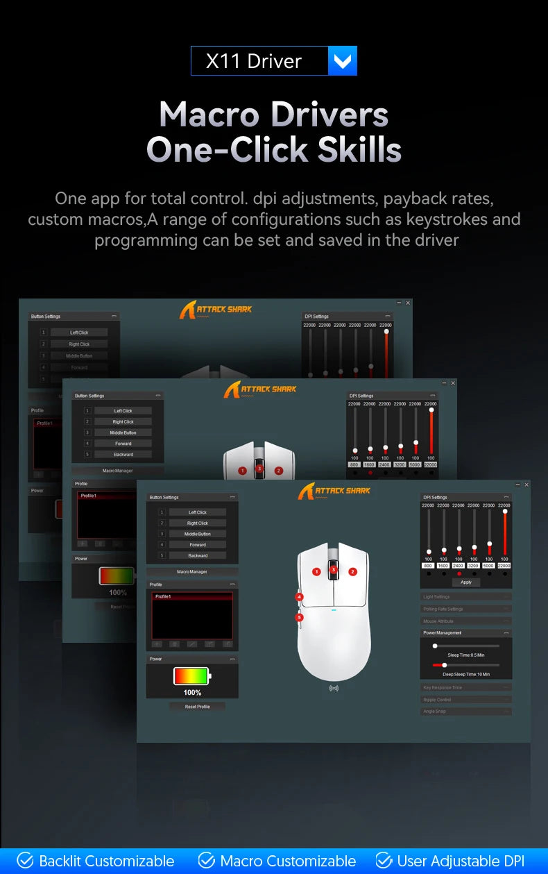 ATTACK SHARK X11 Tri-Mode Lightweight Gaming Mouse with PAW3311, 22000DPI, 400IPS, 40G, 59g, Magnetic Fast Charging, RGB Backlight