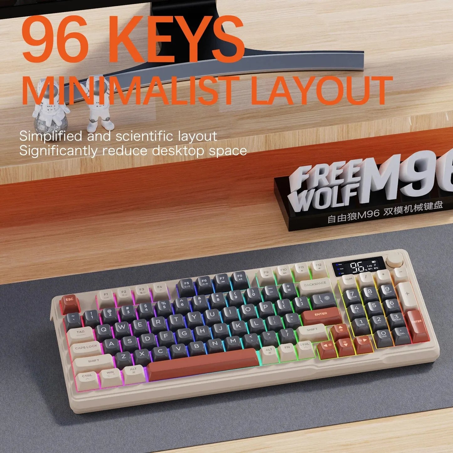 FreeWolf M96 Wireless Keyboard with Screen, Gaming Keyboard Bluetooth Dual-Mode Connection, Multi-Device Linking, Ergonomic