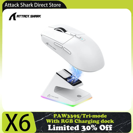 ATTACK SHARK X6 Tri-Mode Gaming Mouse with Magnetic Charging Dock, PixArt PAW3395 Sensor, 26K DPI, 49g Ultralight Wireless Gaming Mouse for PC & Mac