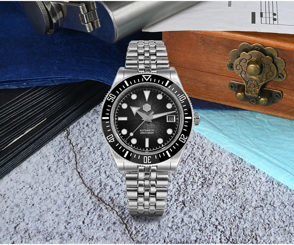 San Martin 40mm Luxus-Taucheruhr für Herren, Miyota 9015, Sunburst-Emaille-Zifferblatt, automatische mechanische Armbanduhr, wasserdicht bis 200m, SN0148