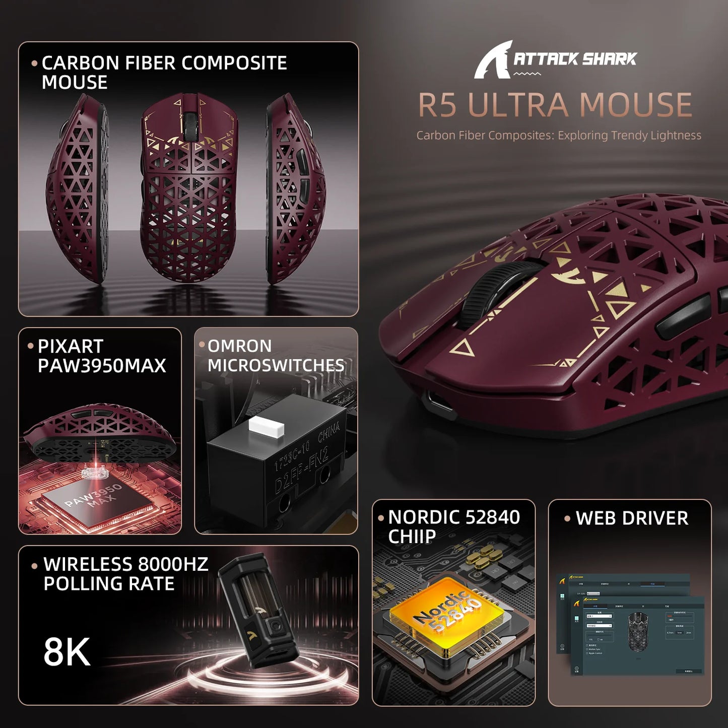 Rato Gaming Sem Fios ATTACK SHARK R5 Ultra Carbon Fiber, Sensor Gaming PixArt PAW3950MAX, 42000DPI, 8000Hz, MCU Nordic 52840