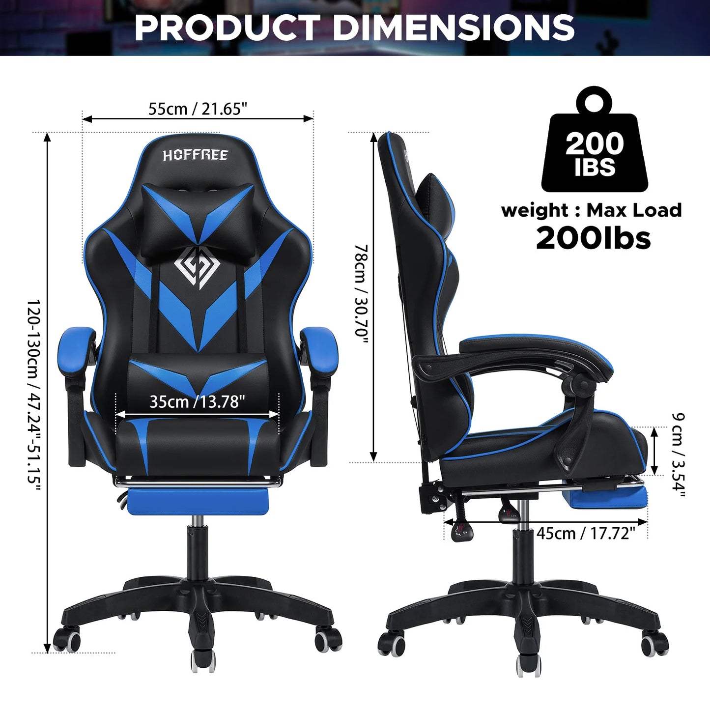 200Lbs Load Gaming Chair with Massage Ergonomic Computer Chair Footrest and Lumbar Support Reclining PC Chair Adjust Armrest