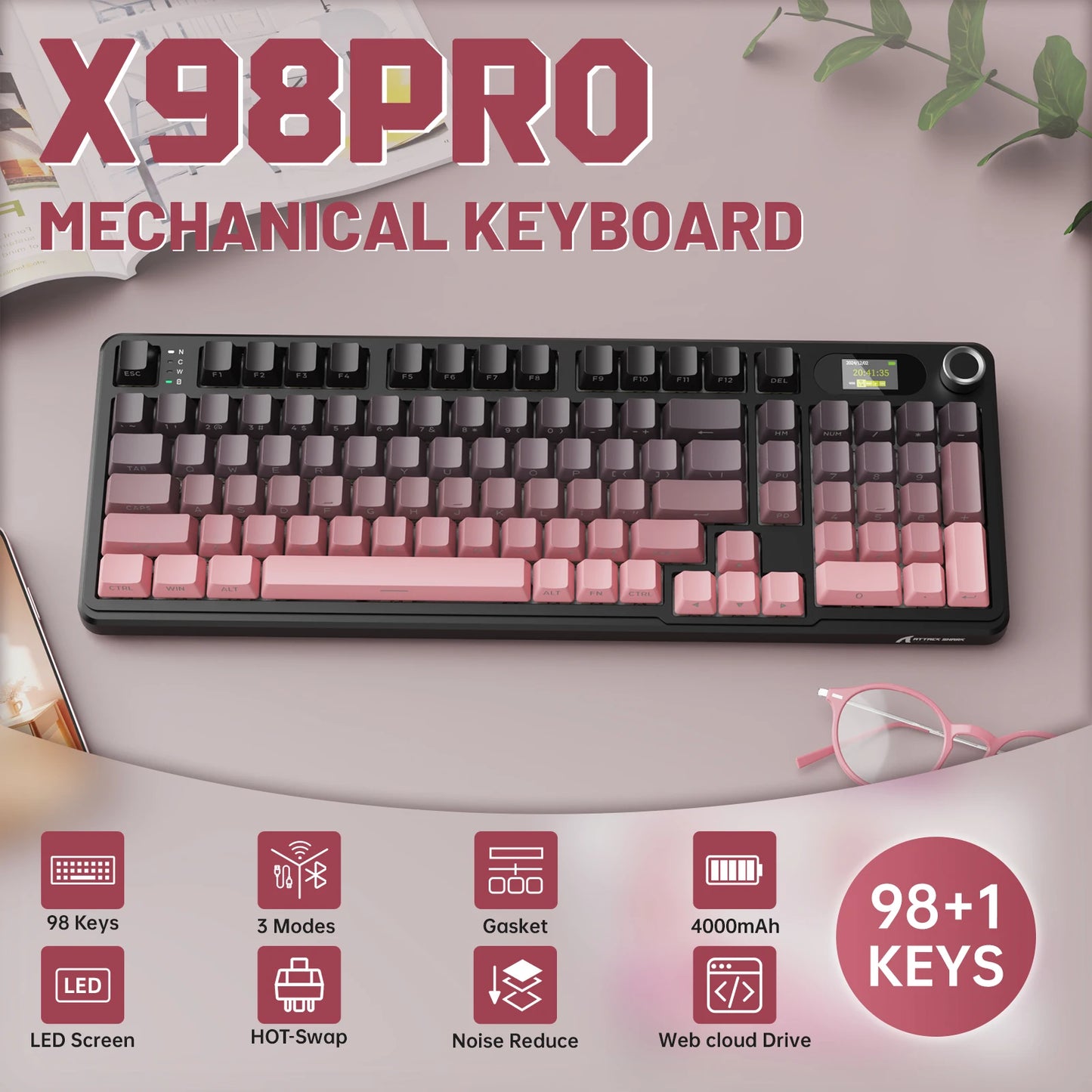 ATTACK SHARK X98PRO Tri-mode Gasket Mechanical Keyboard with TFT Screen & Knob, 99 Keys Layout, 5-Layer Foams, Hot-Swap, RGB