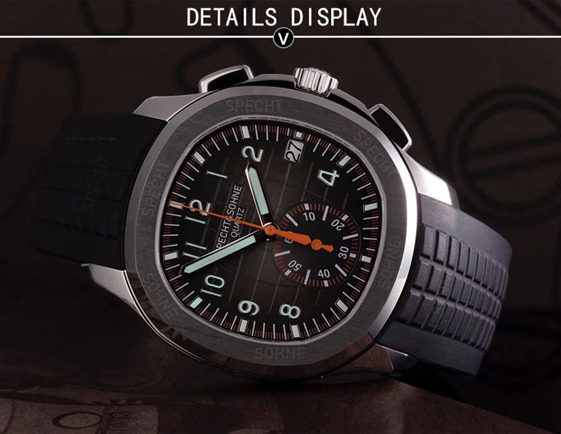 Specht & Söhne New Classic 5167 Men's Watch Orange Color Sapphire Crystal Rubber Strap Sports Male Quartz Watches 50M Waterproof