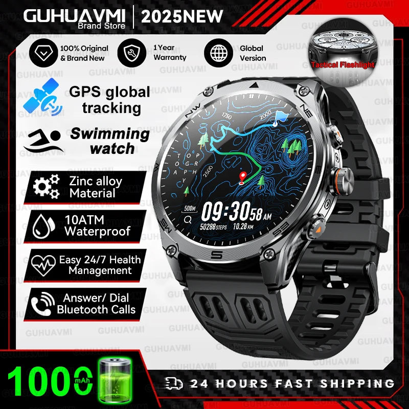 2026 New Military GPS Smart Watch 1000Mah Battery Compass IP68 Waterproof Tactics Sport Flashlight BT call Smart Watch For Men