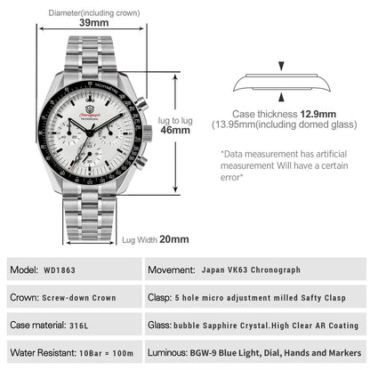 Watchdives WD1863 39mm VK63 Chronograph Watch Vintage Stainless Steel Sapphire OTF Clasp Waterproof Luminous Watches for Men