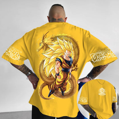 T-shirt oversized infantil Dragon Ball Z Son Goku Todas as Formas Broly Aura Azul Estampado de Grupo, streetwear anime para homem, T-shirt anime para fãs
