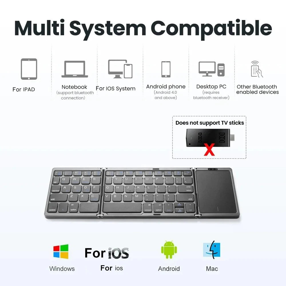 Mini Folding Wireless Bluetooth Keyboard Russian Spanish Arabic Hebrew Portuguese with Touchpad for Windows, Android, IOS