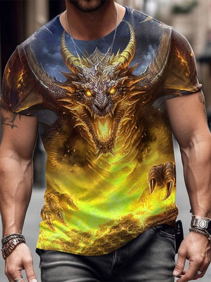 2024 zomer streetstyle heren-T-shirt, urban everyday casual top met korte mouwen, 3D-drakenprint, outdoor heren-T-shirt