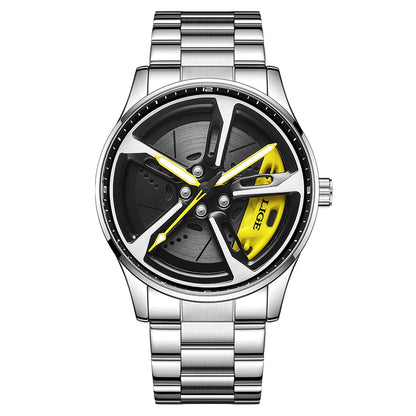 LIGE New Sport 3d Car Wheel Rim Hub Watch Fashionable Rotating Dial Stainless Steel Strap Waterproof Quartz Watches reloj hombre