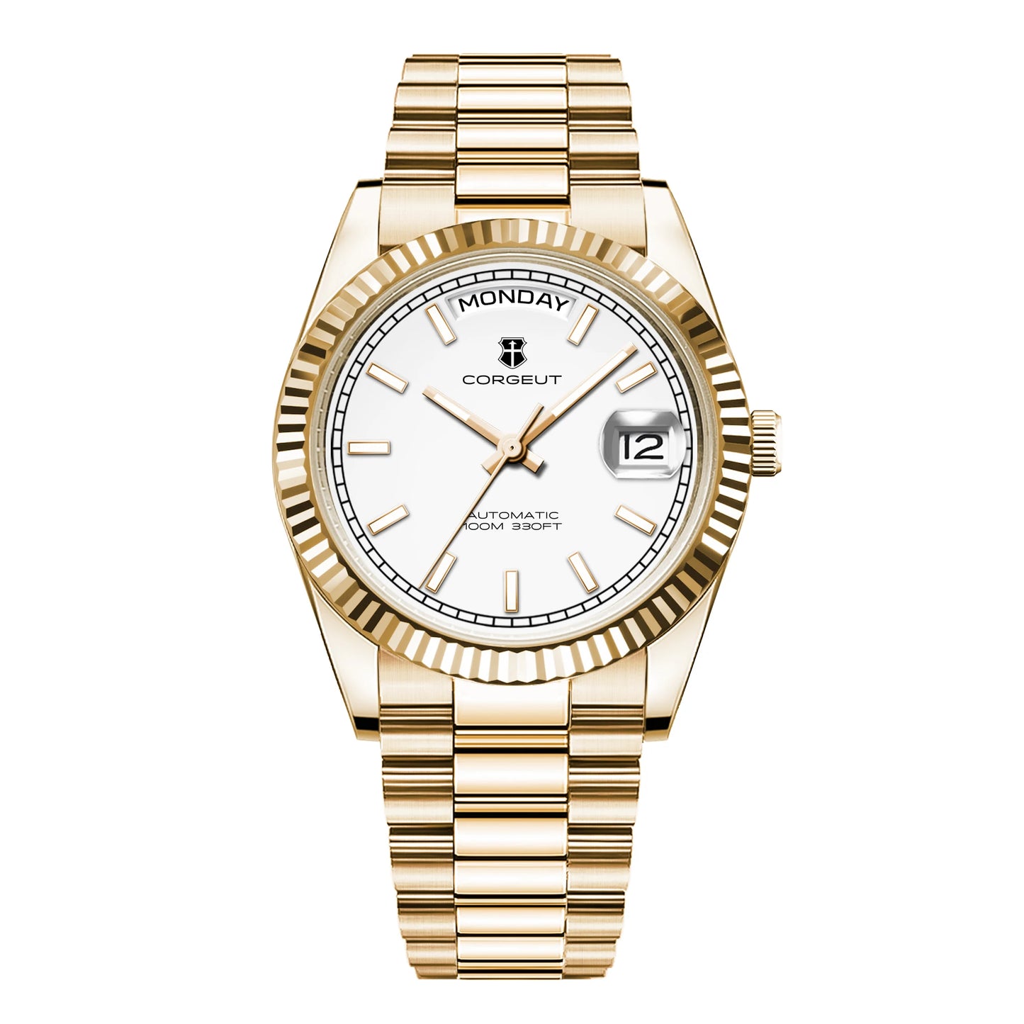 Orologio meccanico da uomo CORGEUT NH36 con indicazione di giorno e data, bracciale President, cassa in acciaio, lunetta arcuata filettata, impermeabile