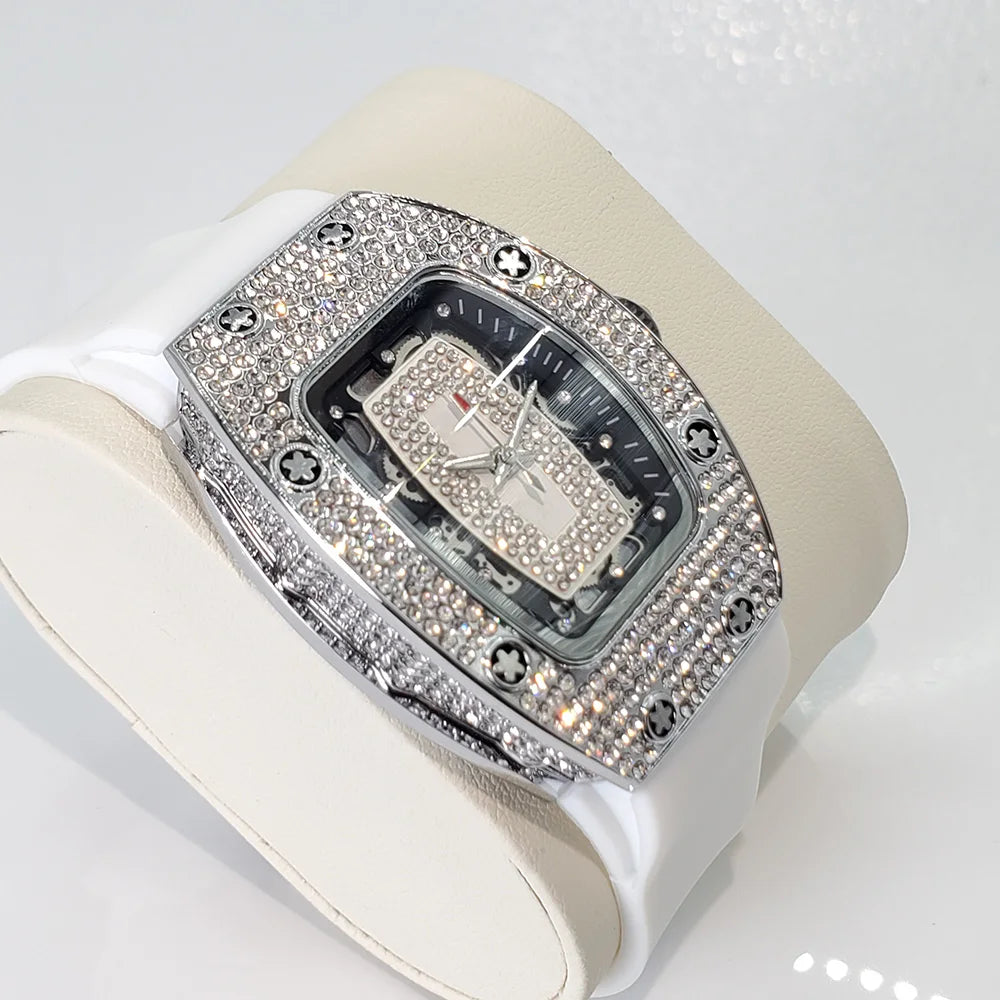 Luxury Diamond Watch For Women Elegant Tonneau Original Design Watches Fashion Ice Out Sport Rubber Strap Waterproof Mille Clock